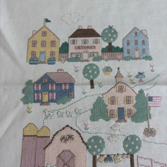 Vintage Cross Stitch Pastel Farm Scene Nursery Decor COMPLETE Ready to Frame - Picture 3 of 6